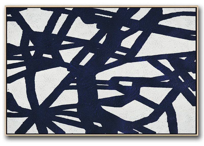 Custom Oil Painting,Horizontal Navy Painting Abstract Minimalist Art On Canvas,Hand-Painted Canvas Art